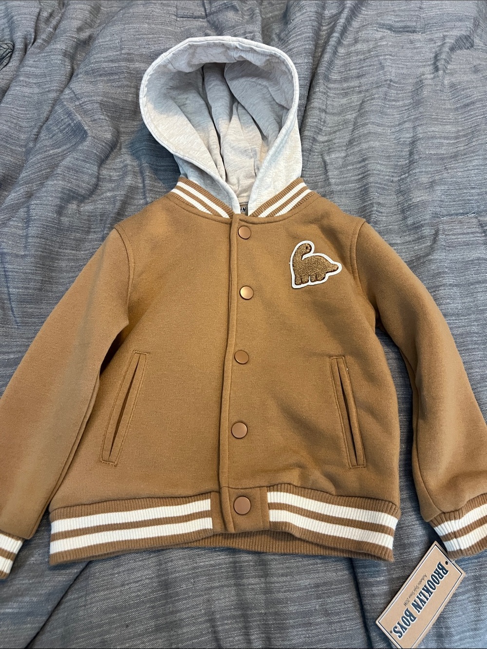 Kids Brown Hooded Varsity Jacket with Contrast Hood